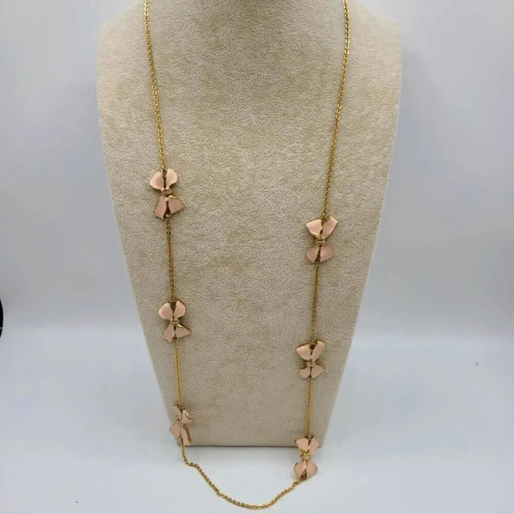 J Crew Pink Enamel Long Bow Station Necklace with small Clear Crystals